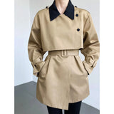 Women's Contrast Color Lapel Belted Short Windbreaker 2022 Autumn Casual Trench
