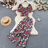Women Summer Bohemian Floral Set Puff Sleeve Short Tops+High Waist Pleated Wide Leg Long Pants Two Pieces