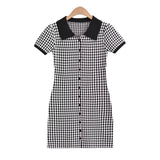 Trend Women's Lapel Small Diamond Lattice Single-Breasted Short-Sleeved Lapel Skirt Knitted Breasted Dress-Outfit