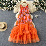 Retro Court Style Design With A Sense Of Fashion Print Splicing Mesh Tau Pong Irregular Lotus Leaf-Side Dress