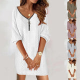 Wise Hot Style Autumn And Winter Simple Pure Color V-Neck Knit Long Sleeve Dress Women's Clothing-Outfit