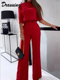 2 Pieces Sets Elegant T Shirts Half Sleeve And Wide Leg Pant Outfits Women Solid 2 Pant Sets For Women Casual Fashion-Outfit