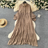 Retro Casual Dress Women's 2025 Spring Folding Lantern Sleeve Casual Loose Single-Dripple Shirt Long