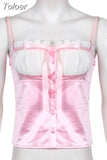 Y2K Kawaii Lace Corset Women Transparent Mesh Patchwork Camisoles Bandage Ruffle Crop Top Party Japanese Tank Top
