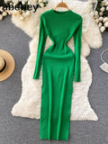 Senior Knitted Dress Women Long Sleeve Elastic Waist Split Sweater Dress Ladies Party Sexy Warm Long