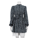 Toloer 2023 Women's French Elegant Bubble Sleeve Floral Dress Women's Standing Collar Waist Long Sleeve A-Line Skirt-Outfit
