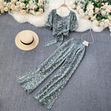 Women Autumn Bohemian Floral Set V Neck Puff Sleeve Short Top+Sexy Split High Waist Wide Leg Long Pants Two Pieces
