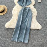 Light-Cooked Wind Strap To Close Waist Short-Sleeved Cowboy Topess Female High-Waisted Fork Hip Skirt Summer