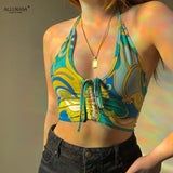 Holiday Top 90s Vests Paisley Printed Crop tank Top y2k Aesthetic Halter Top Ruched Tie Up Camis Women Vintage
