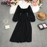 New Spring Temperament All-match Retro All-match Square collar puff sleeve Dress lace up ruffles