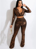 Winter Sexy Deep-V Metallic Crop Top and Pants 2 Piece