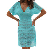 New Beach Dress Corrugated Hollow Dress Deep V Elastic Waist Hot Beach