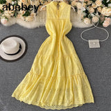Sleeveless Tank Dress Women Summer 2022 Hollow Embroidery Solid Ladies Yellow Pink White Elegant