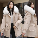 Add Velvet Thick Coat Female 2024 New Winter Waist Long Casual Hat Parker Cotton Suit-Outfit