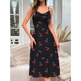 Cherry Print Medium And Long Dress Pyjamas Sexy Comfortable Home Clothes