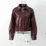 Burgundy Pu Leather Zipper Biker Jacket-Outfit