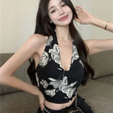 Girls Hanging Neck Flower Vest Women's Summer New Casual Vintage Sexy Sleeveless T-Shirt