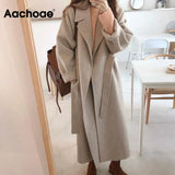 Aachoae Women Elegant Solid Color Long Wool Coat With Belt Long Sleeve Turn Down Collar Coats Female Autumn Winter