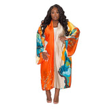 Ups Women Coat Beach Print Floral Long Coats Open Stitch Full Sleeve Loose Casual Elegant Knee Length Outerwear 2024-Outfit