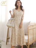 Han Queen Temperate A-line Lace Dress Women Spring Full Sleeve Long Swing Dresses OL Special Occasion Evening Party Vestidos-Outfit