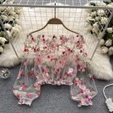 Shoulder Mesh Embroidery Perspective Shirt For Women's Summer Loose Bubble Sleeve Short Hoodie Long-Sleeved Lace