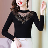 Toloer Photo # Autumn / Winter Long Sleeve And Velvet Top Women's High-End T-Shirt With A Versatile Lace Bottom Shirt-Outfit