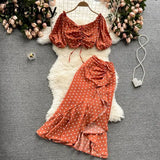 Women Summer Korean Dot Vacation Set Elastic Ruched Puff Sleeve Short Tops+Irregular Ruffle Long Skirt Two Piece