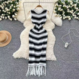 Slimming Striped Tuxedo Sweater Dress With Thin Knitted Dress Temperament