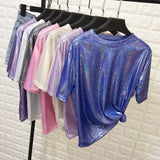 Toloer Ebay Summer Korean Version Loose Shiny Reflective Short-Sleeved T-Shirt Women-Outfit