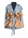 Toloer 2024 The New Lapel Color Flounce Lace Temperament Long Sleeve Senior Sense Denim Work Coat Female-Outfit