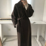 Autumn Winter Women Solid Color Long Wool Coat With Belt Female Elegant Office Long Sleeve Outerwear With Pockets