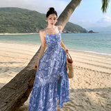 French Embroidery Hollow Out Fish Bone Perspective Sling Flounce Waist Show Thin Holiday Wind Beach Dress Summer-Outfit