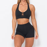 Toloer Yoga Bra Shorts Set Tight Wrinkled Peach Butt Running Stretch Exercise Fitness Set-Outfit
