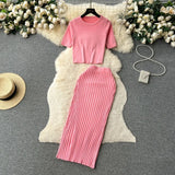 Toloer Hot Girl Suit Female Summer Korean Version Round Collar Knit Short Sleeve Short Jacket High Purse Hip Skirt Two