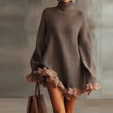 2025 New Knitted High-Necked Lotus Edge Spliced Long-Sleeved Gray