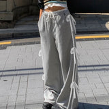 Grey Stripe Ribbon Drawstring Sweatpants-Outfit