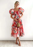 Summer New Bubble Sleeve Holiday Show Skinny Dress Babes High-Waisted Shoulder-Print Dress Dress