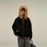 Selling Vintage Fur Collar Couple Hooded Zip Open-Air Jacket Oversize Design Niche