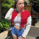 Brown Baseball Fashion Fall Jackets For Women 2022 Patchwork Button Black Crop Top Jackets Coats Red Varsity Bomber