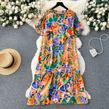 Dress Women's 2024 Summer Dress New Loose Leisure Fashion Print Medium-Long Bubble Sleeve Holiday Dress-Outfit