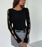 Women's Casual Long-Sleeved Round-Neck Solid-Colored Hollow