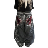 Trend Of Spring And Autumn Street Dark Gotham Haircut Printed Jeans Loose Personality Wide-Legged Trousers-Outfit