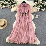 Retro Elegant Dress Women Winter High Hook Lace Splicing Mesh Yarn Irregular Knee