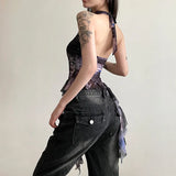 Toloer 2024 New Women's Half High Collar Flounce Sleeveless Print Mesh Slim Small Vest-Outfit