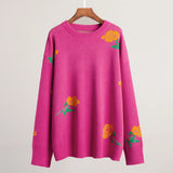 Neck Rose Sweater 2024 Autumn Winter New Female Versatile Loose Color Rose Round Neck Sweater-Outfit