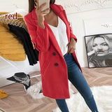 Double Breasted Coat Winter Casual Solid Lapel Collar Womens Long Trench Coat Fashion Office Lady Female Blazer