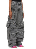 Hot Women's New Retro Casual Hole-Breaking Workwear Wide-Legged Multi-Bag