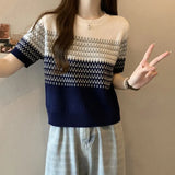 Gradient Striped T-Shirt Women's Summer New Oceanic Ice Silk Sleeve