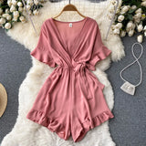 Summer New Korean Rompers Women Flared Sleeve Solid Ruffle Wide Leg Short Jumpsuits Casual Vacation Beach