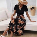 Women's Wear Summer Print V-Neck Sexy Medium Long Dress-Outfit